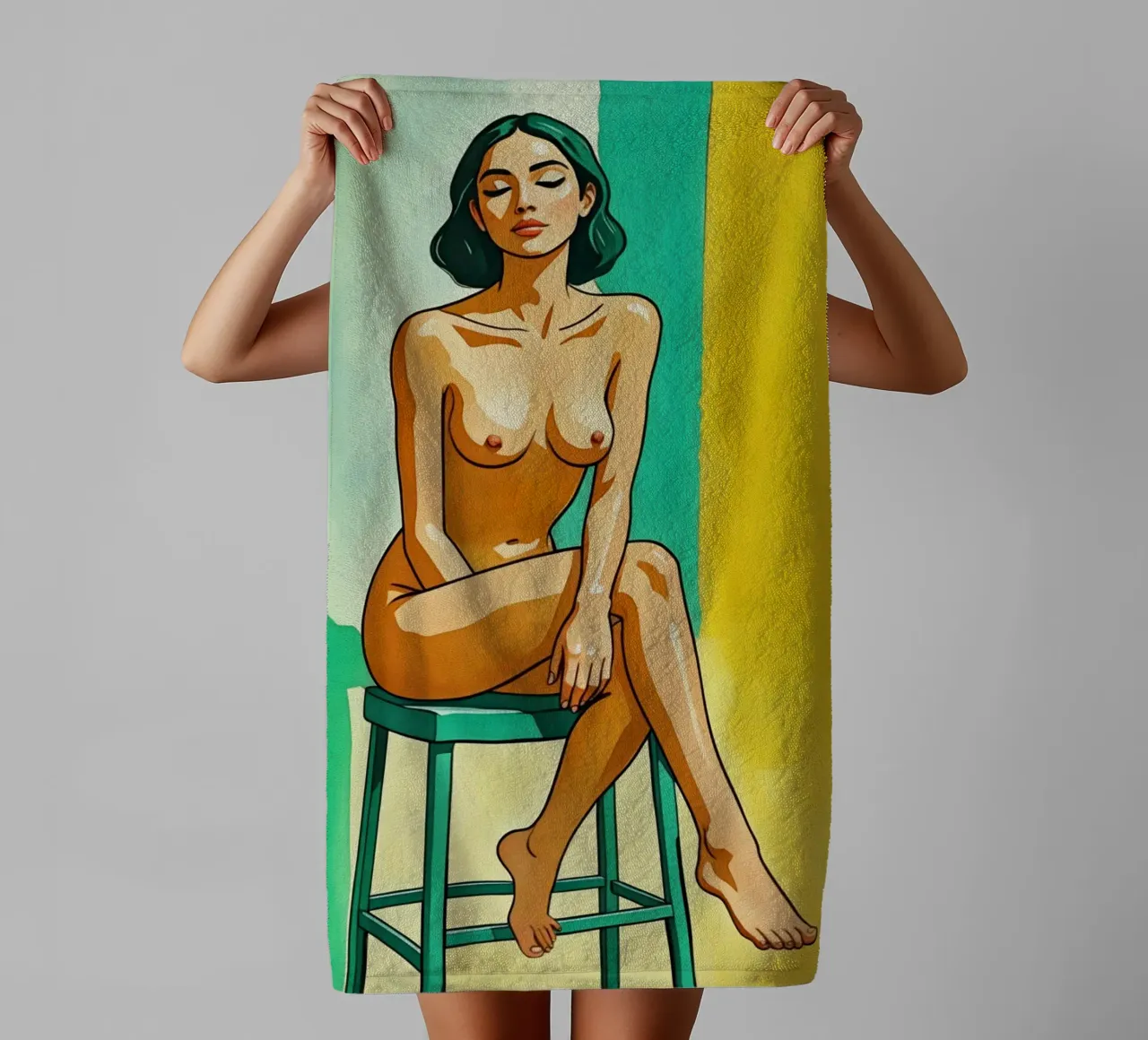 Nu féminin élégant sur un tabouret en jaune et vert serviette de bain de Hecate Pim Designs
