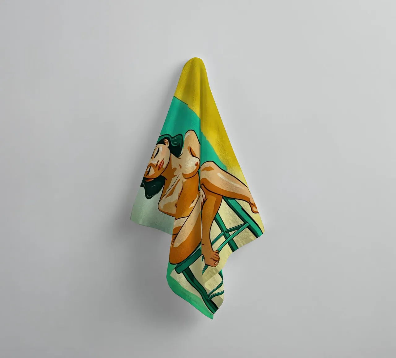 Nu féminin élégant sur un tabouret en jaune et vert serviette de bain de Hecate Pim Designs