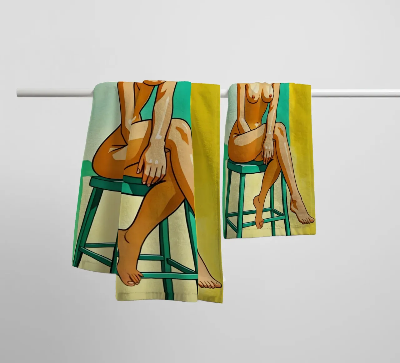 Nu féminin élégant sur un tabouret en jaune et vert serviette de bain de Hecate Pim Designs
