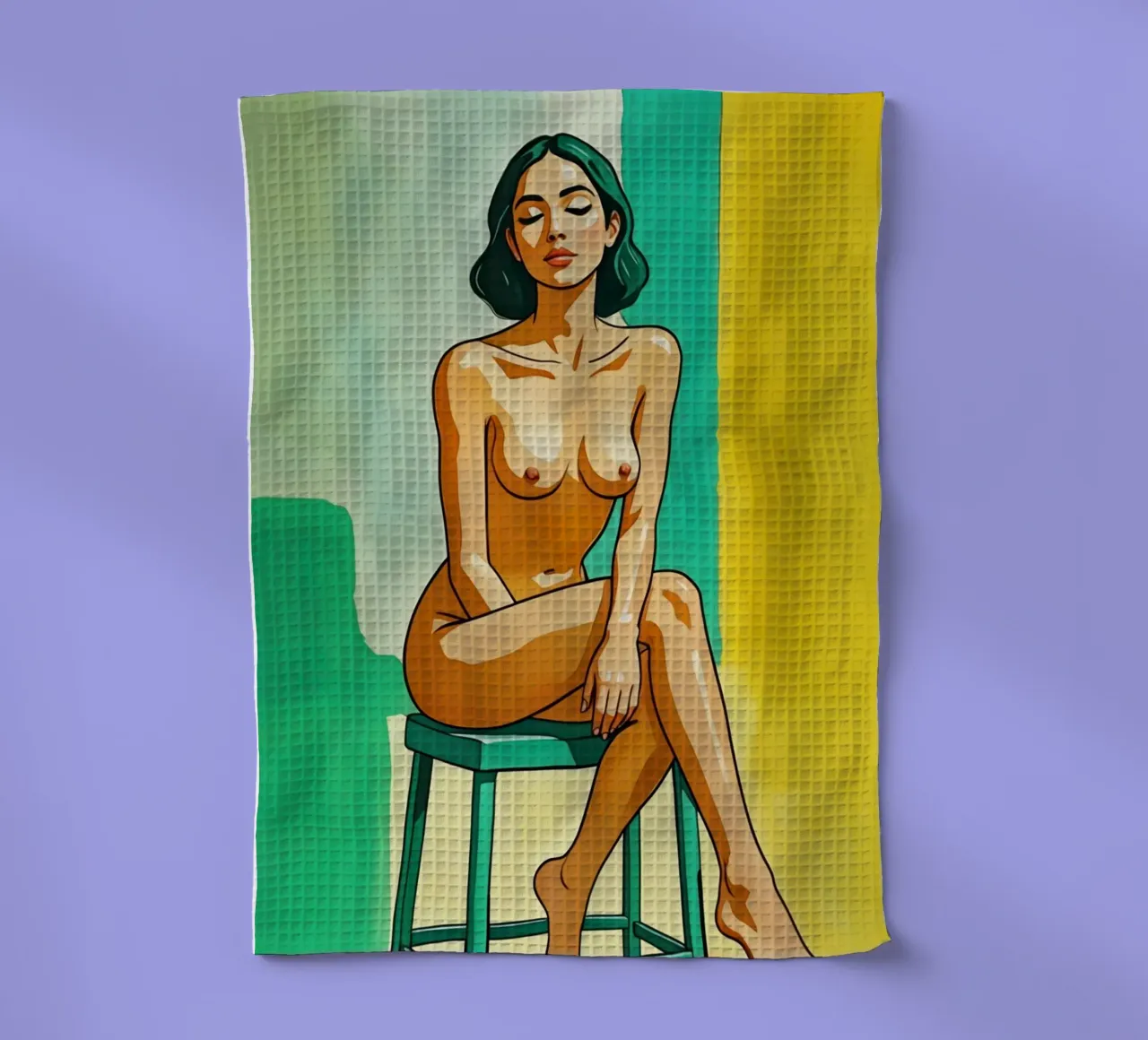 Nu féminin élégant sur un tabouret en jaune et vert torchon de Hecate Pim Designs