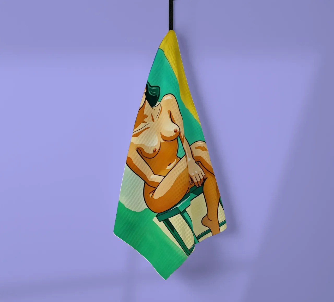 Nu féminin élégant sur un tabouret en jaune et vert torchon de Hecate Pim Designs