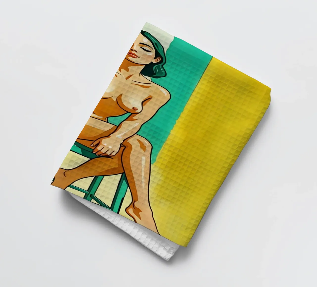 Nu féminin élégant sur un tabouret en jaune et vert torchon de Hecate Pim Designs