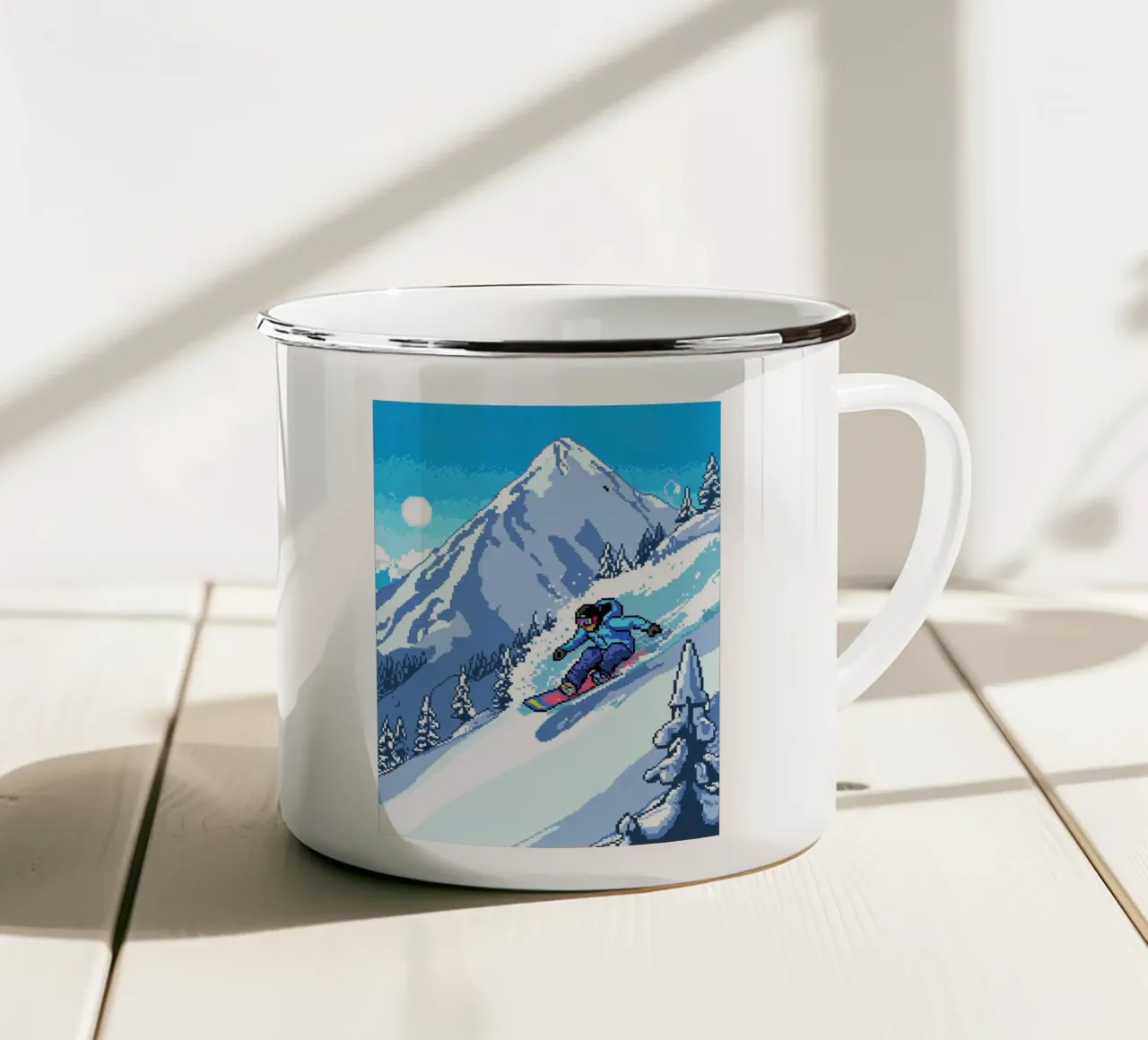 Snowboarder in azione - Stile retrò pixel art tazza in smalto da GameDay Studio