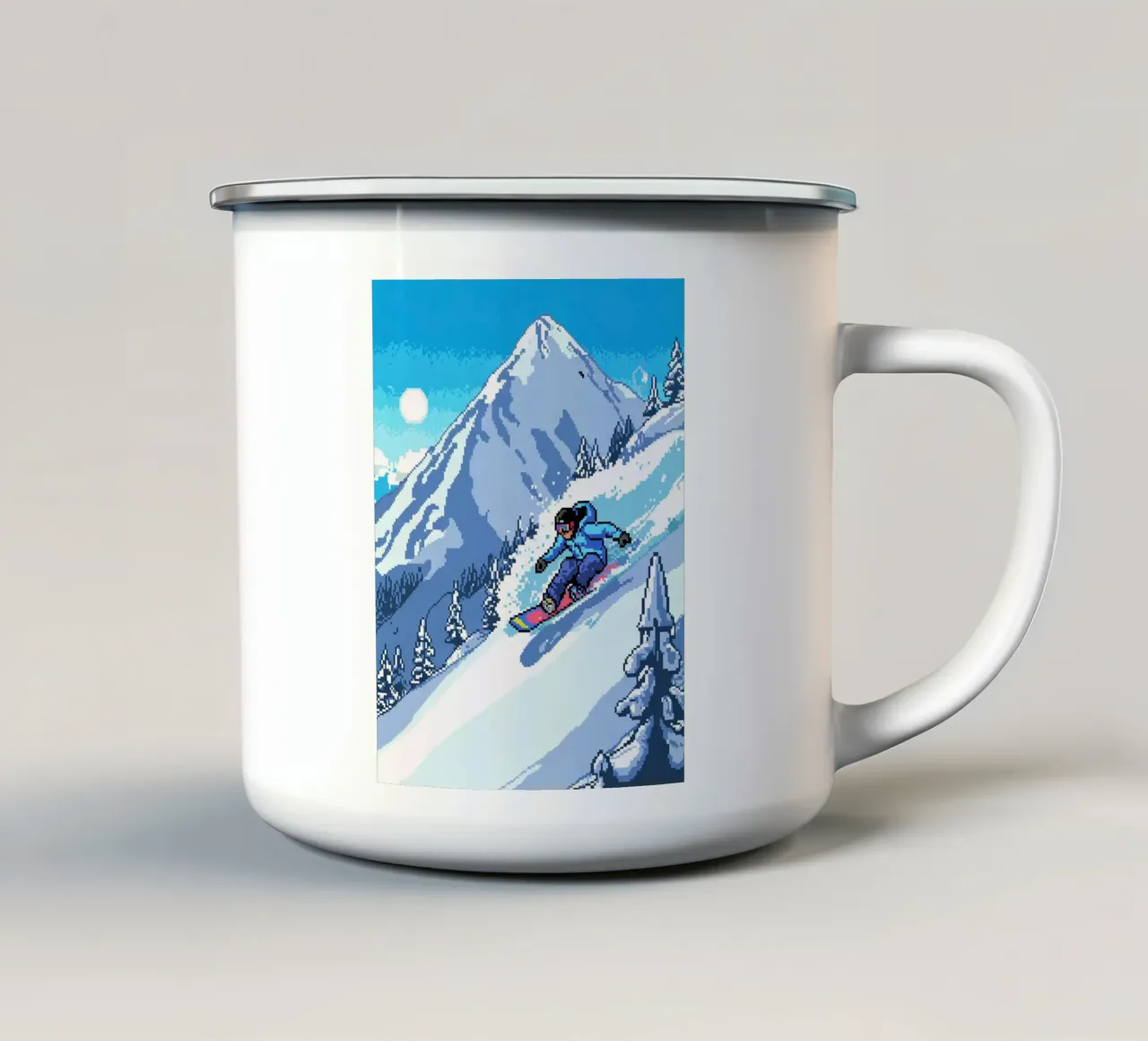 Snowboarder in azione - Stile retrò pixel art tazza in smalto da GameDay Studio