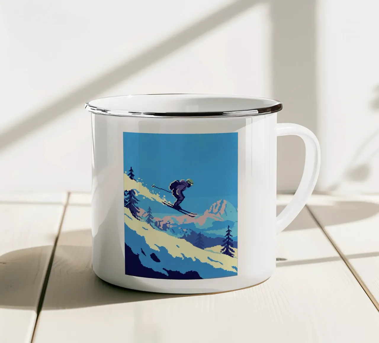 Sciatore pixel art - Discesa in montagna retrò tazza in smalto da GameDay Studio