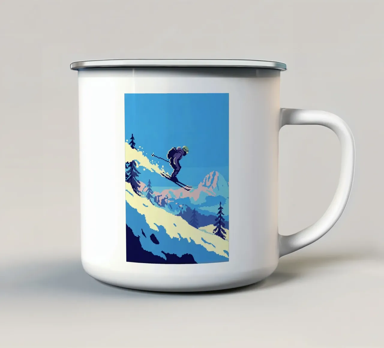 Sciatore pixel art - Discesa in montagna retrò tazza in smalto da GameDay Studio