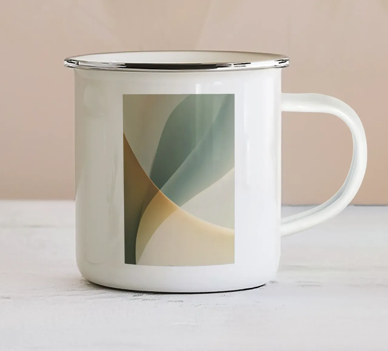 Soft Minimal Abstract in Sage and Sand enamel mug by StudioVO