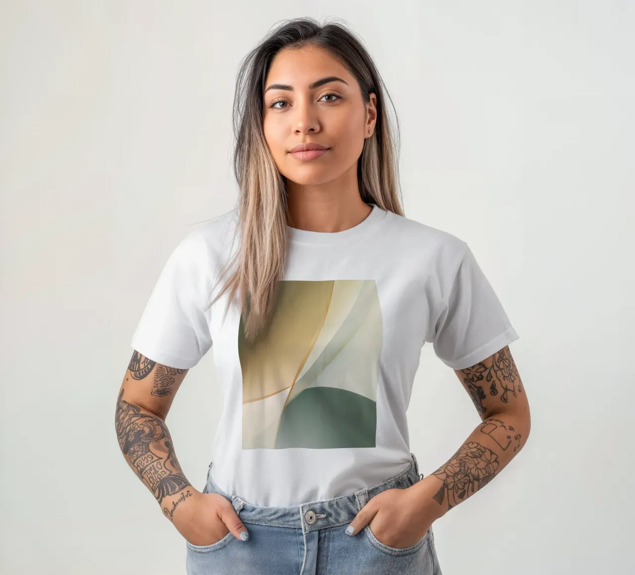 Soft Minimal Abstract in Sage and Sand Layers t-shirt by StudioVO
