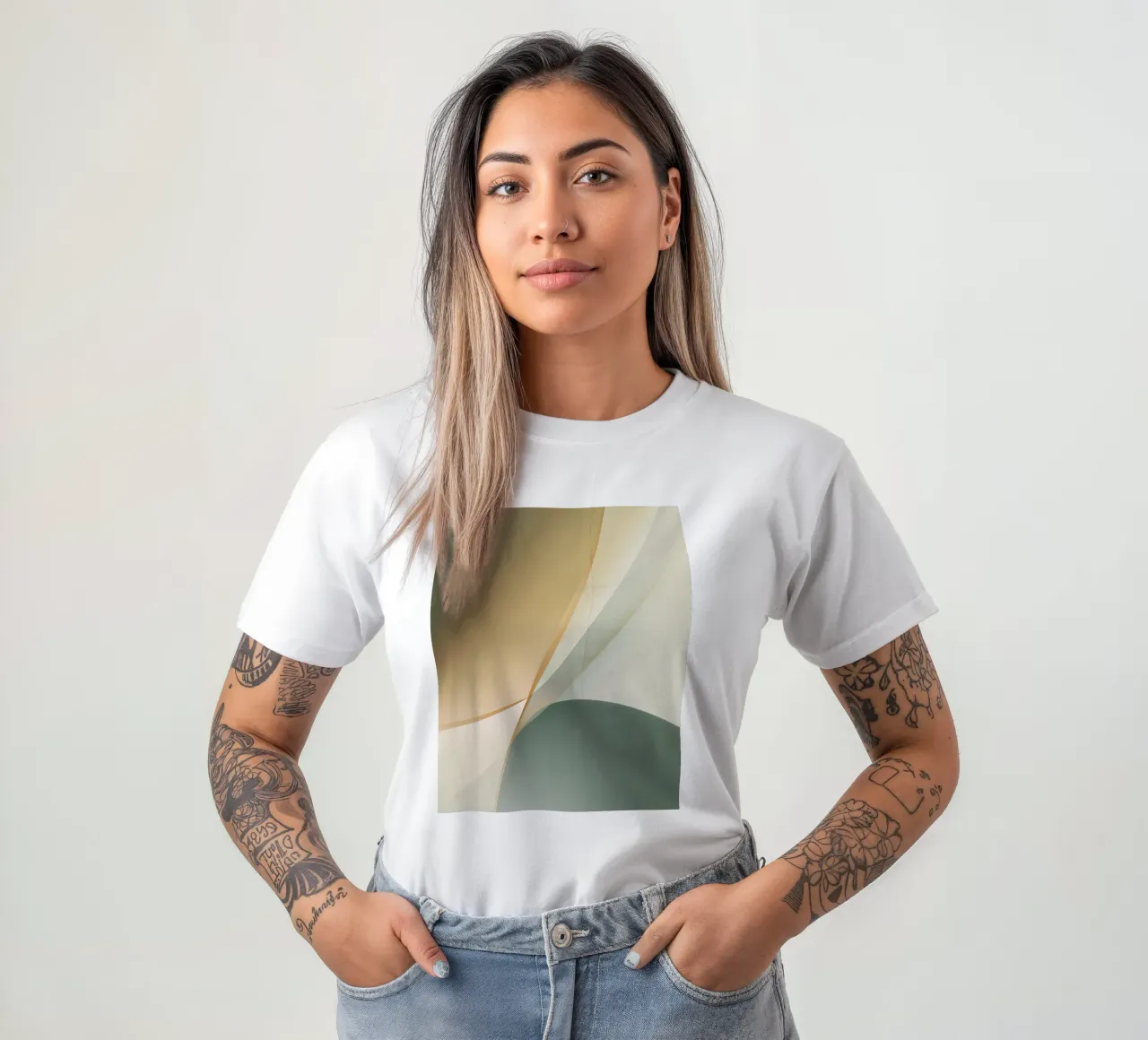 Soft Minimal Abstract in Sage and Sand Layers t-shirt by StudioVO