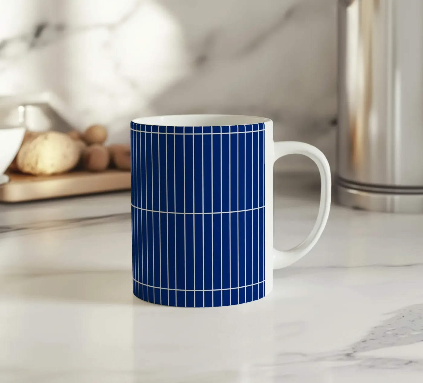 White Rectangular Grid on Blue ceramic mug by Timeless moderna