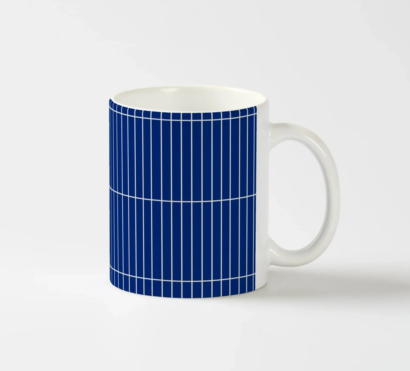 White Rectangular Grid on Blue ceramic mug by Timeless moderna
