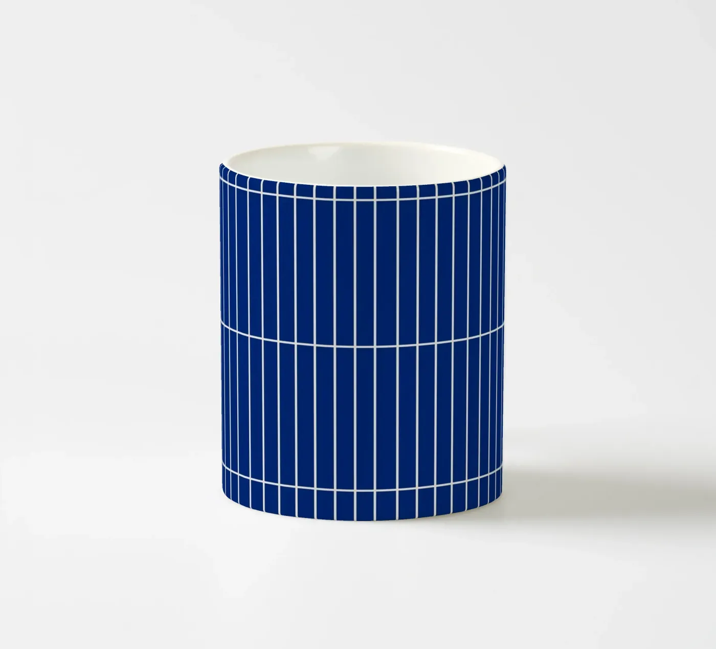 White Rectangular Grid on Blue ceramic mug by Timeless moderna