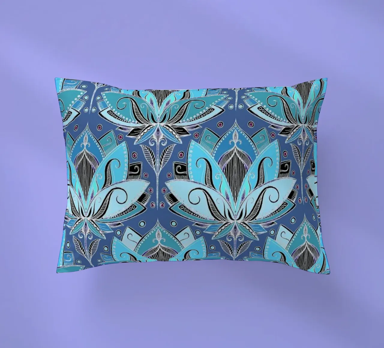 Art Deco Teal Lotus Pattern cuscino da Micklyn Le Feuvre