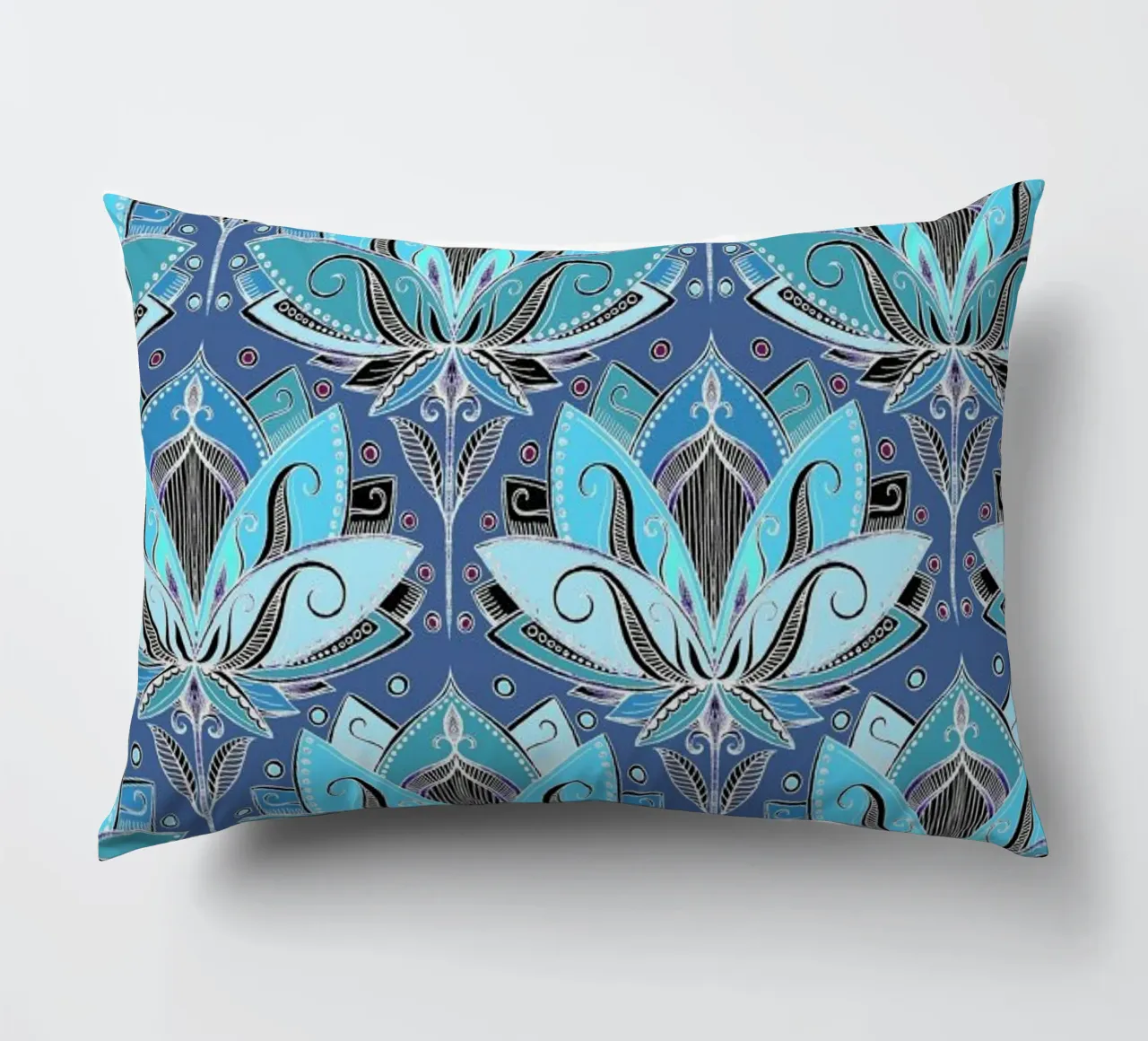 Art Deco Teal Lotus Pattern cuscino da Micklyn Le Feuvre