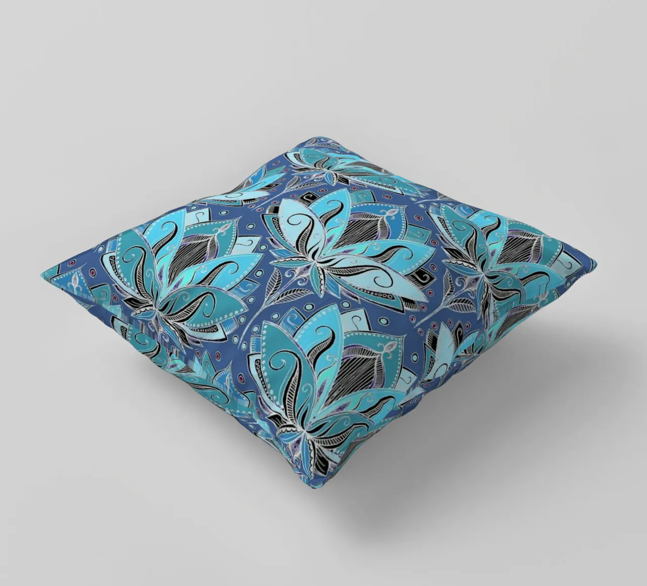 Art Deco Teal Lotus Pattern cuscino da Micklyn Le Feuvre