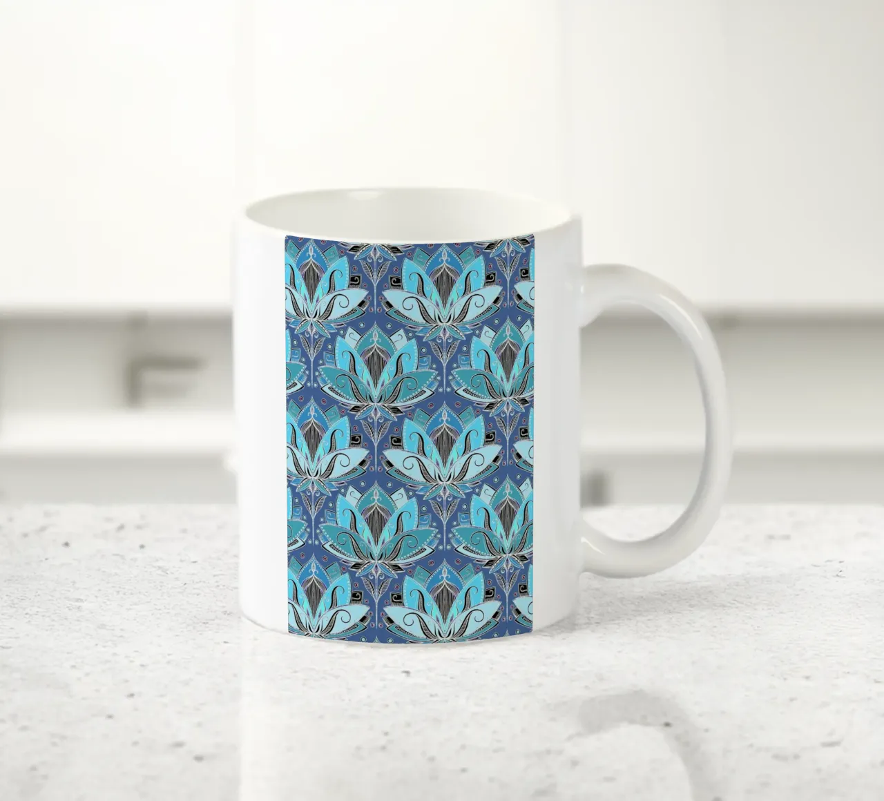 Art Deco Teal Lotus Pattern tazza in ceramica da Micklyn Le Feuvre