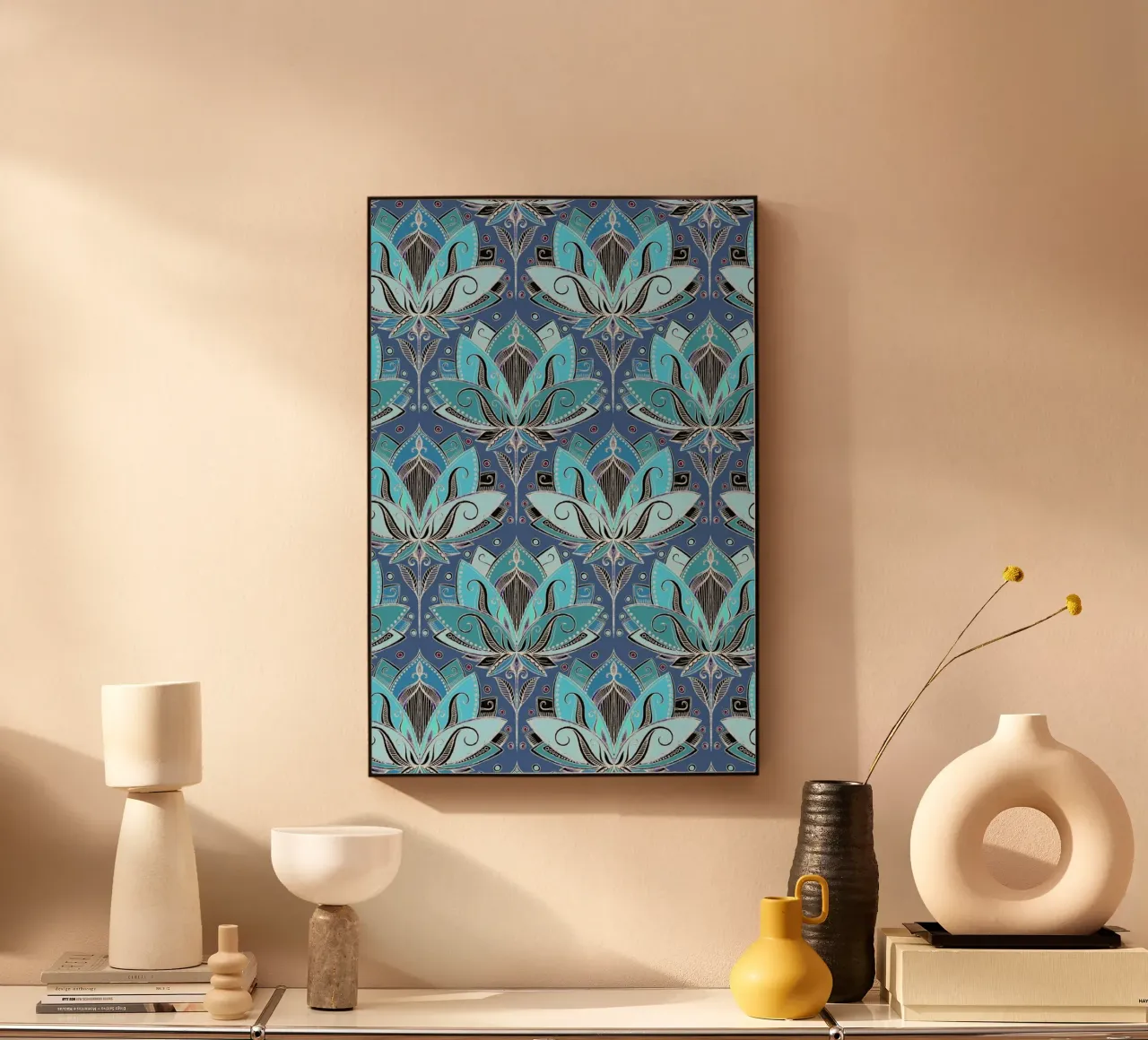 Art Deco Teal Lotus Pattern alluminio dibond da Micklyn Le Feuvre