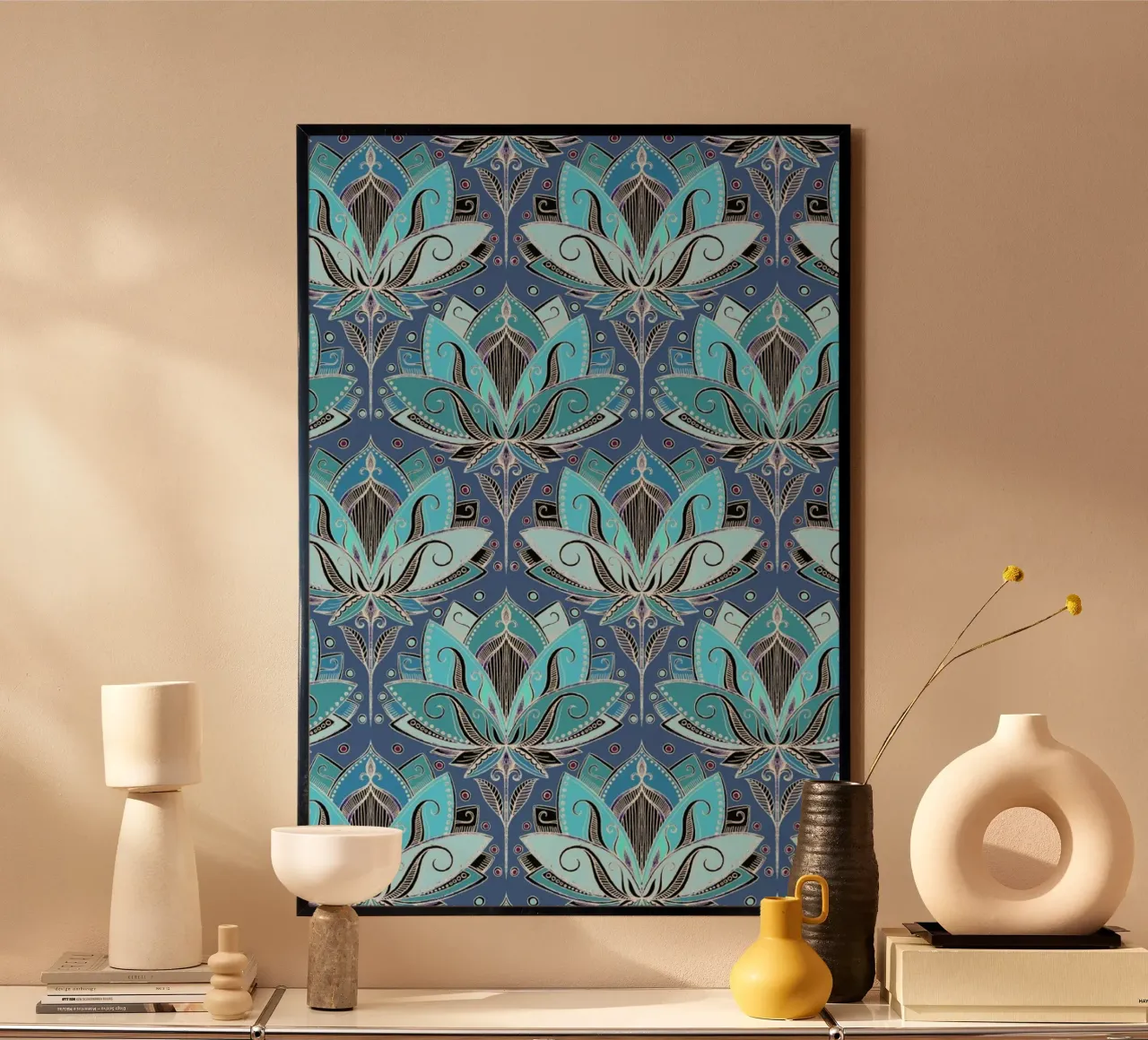 Art Deco Teal Lotus Pattern carta hahnemühle da Micklyn Le Feuvre