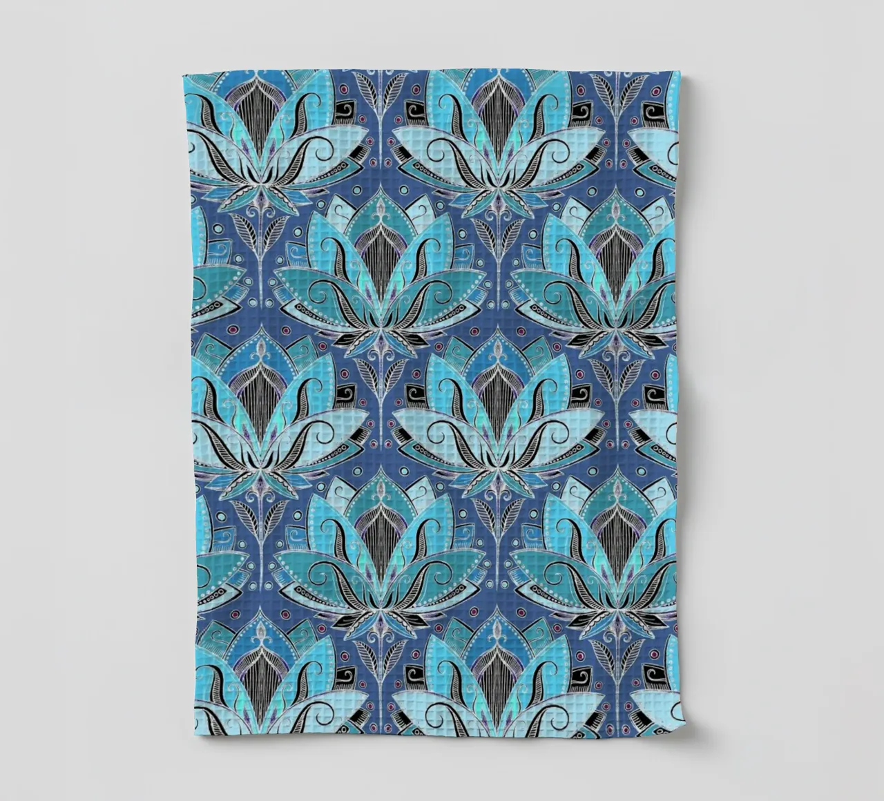 Art Deco Teal Lotus Pattern canovaccio da cucina da Micklyn Le Feuvre