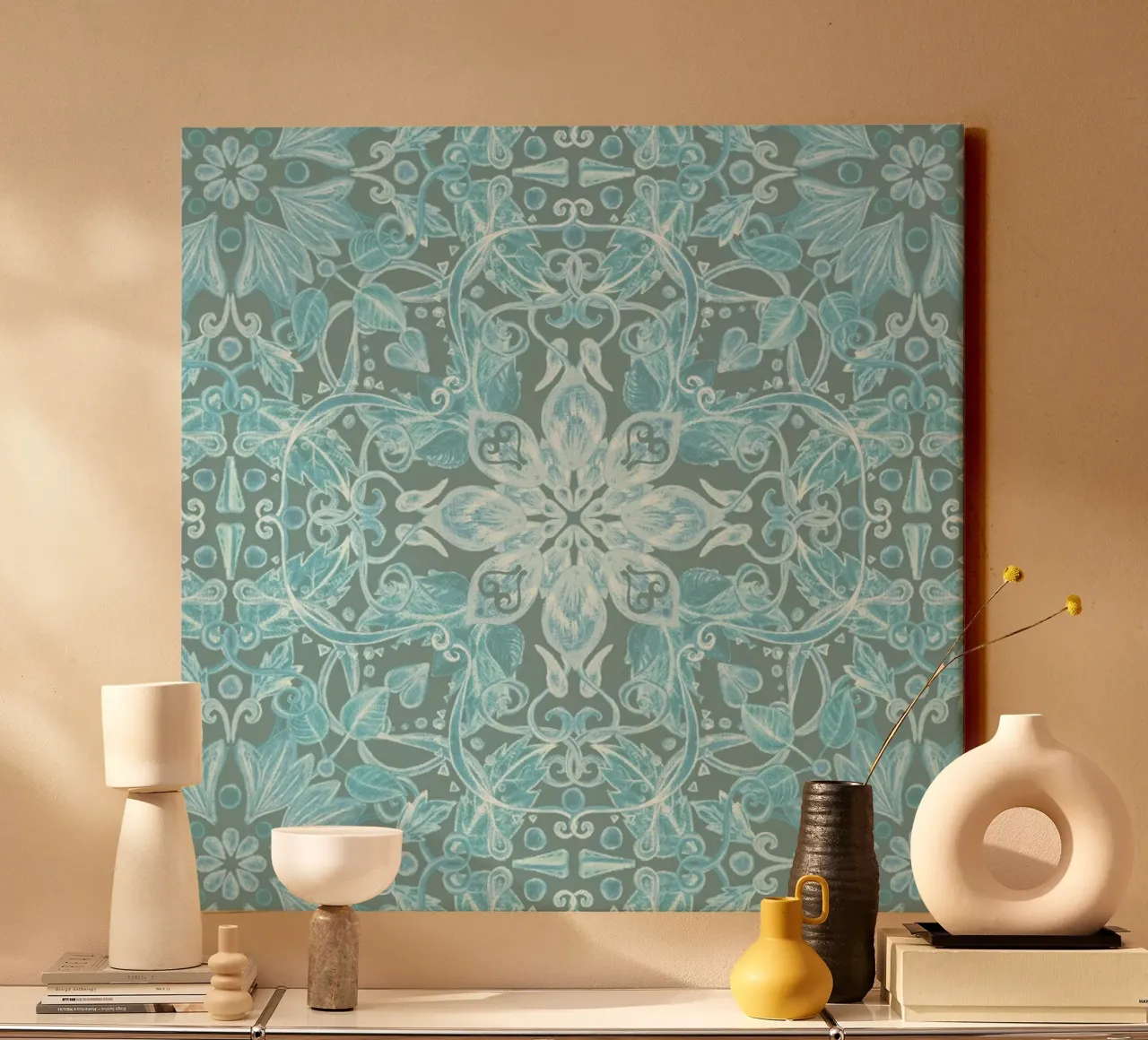 Soft Blue & Grey Floral Pattern tela con Cornice a cassetta da Micklyn Le Feuvre
