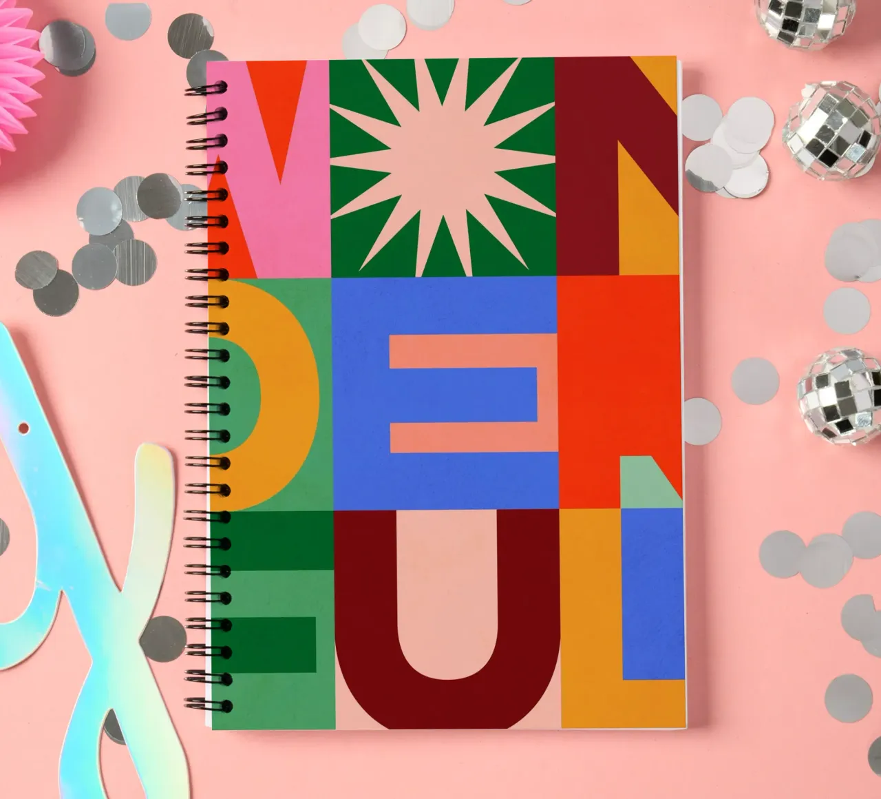 Art typographique festif "Wonderful" - Audacieux et lumineux carnet à spirale de Dominique Vari Christmas