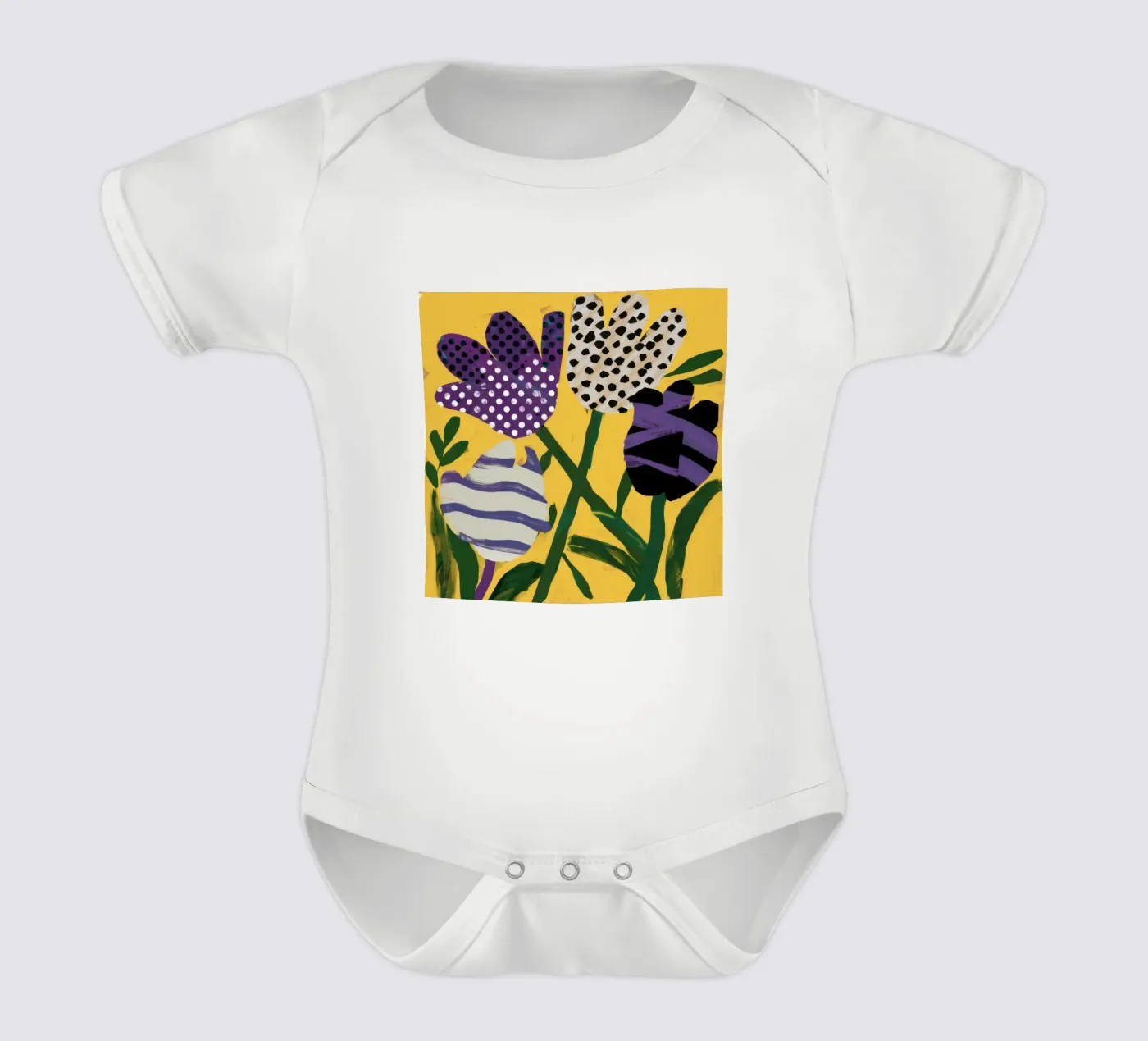 Abstract Garden Patchwork short-sleeve baby romper by Sky Velour