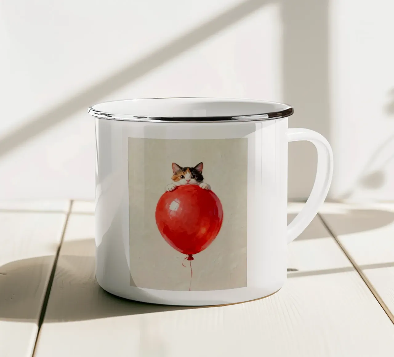 cat with balloon tazza in smalto da scoten