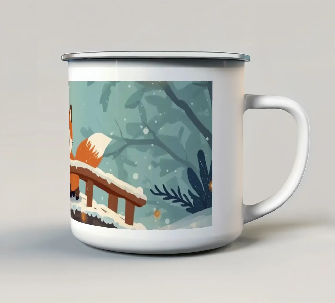 Voxy su un ponte innevato illuminato da una lanterna tazza in smalto da Voxy's Adventures