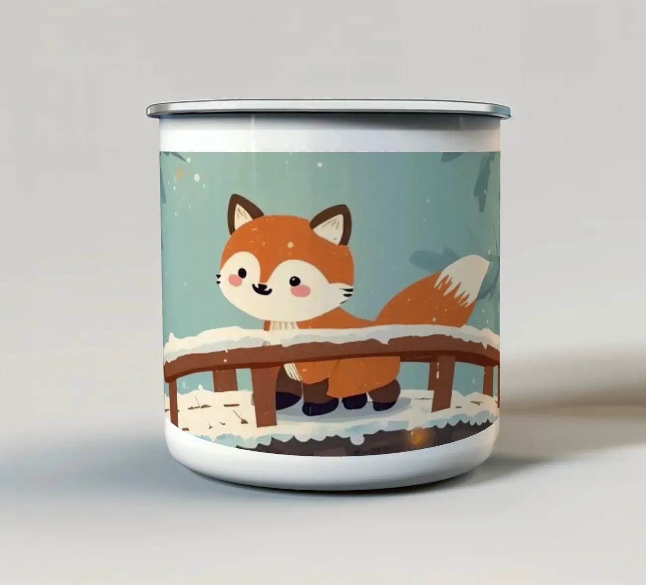 Voxy su un ponte innevato illuminato da una lanterna tazza in smalto da Voxy's Adventures