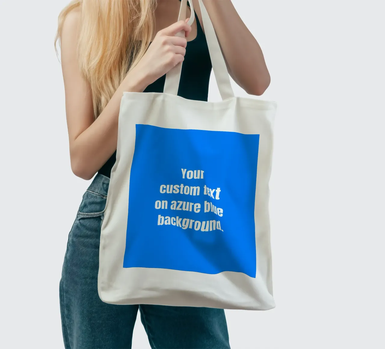 Custom text on azure blue background borsa in juta da RB-Quotes
