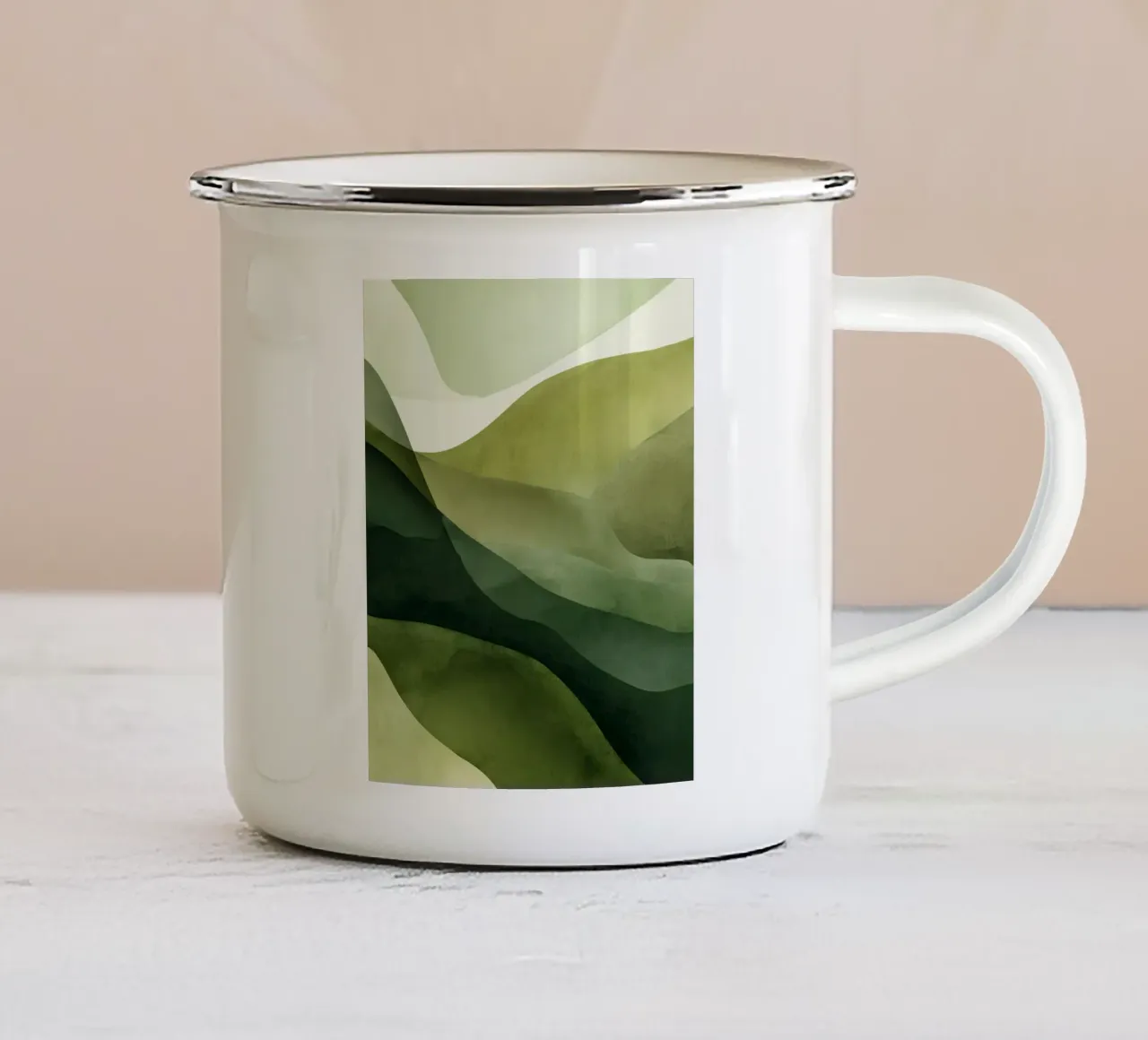 Groene heuvels abstract in zachte natuurtinten emaille mok van StudioVO