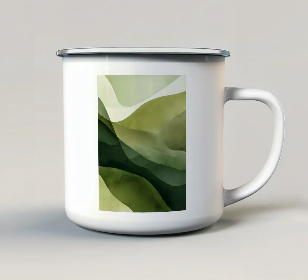 Groene heuvels abstract in zachte natuurtinten emaille mok van StudioVO