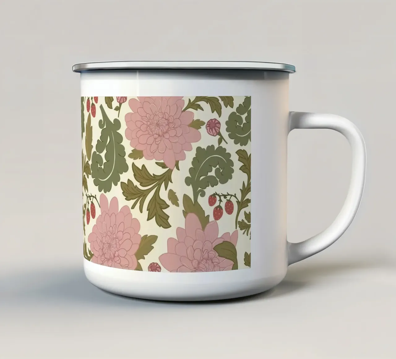 Fiori rosa con fragola tazza in smalto da GalerieGG