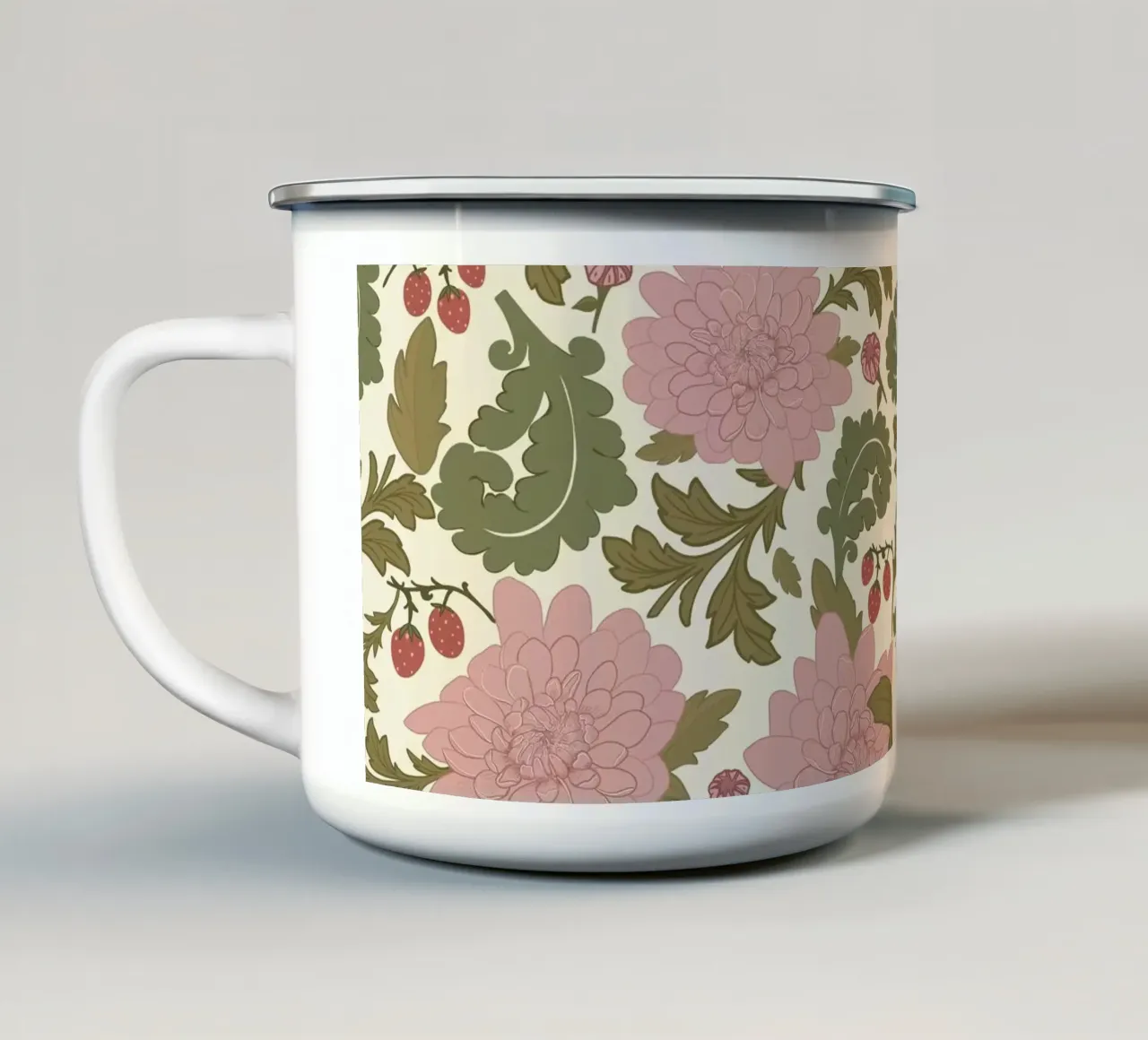 Fiori rosa con fragola tazza in smalto da GalerieGG