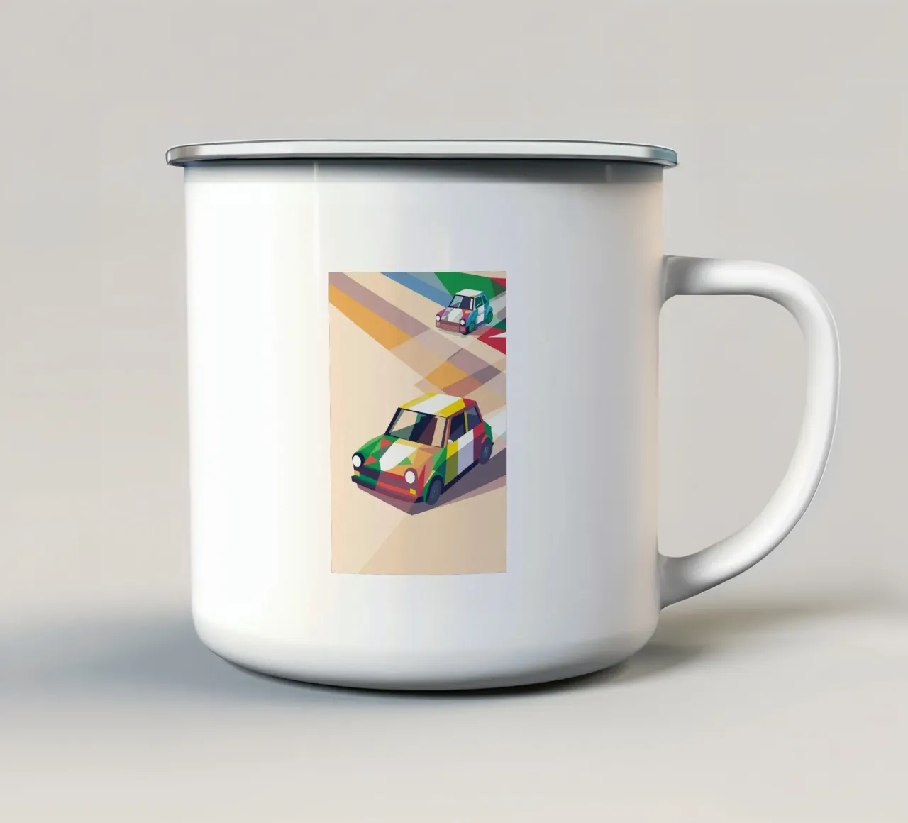 Illustrazione di due auto da corsa colorate sulla strada tazza in smalto da POLYGON SPECIAL