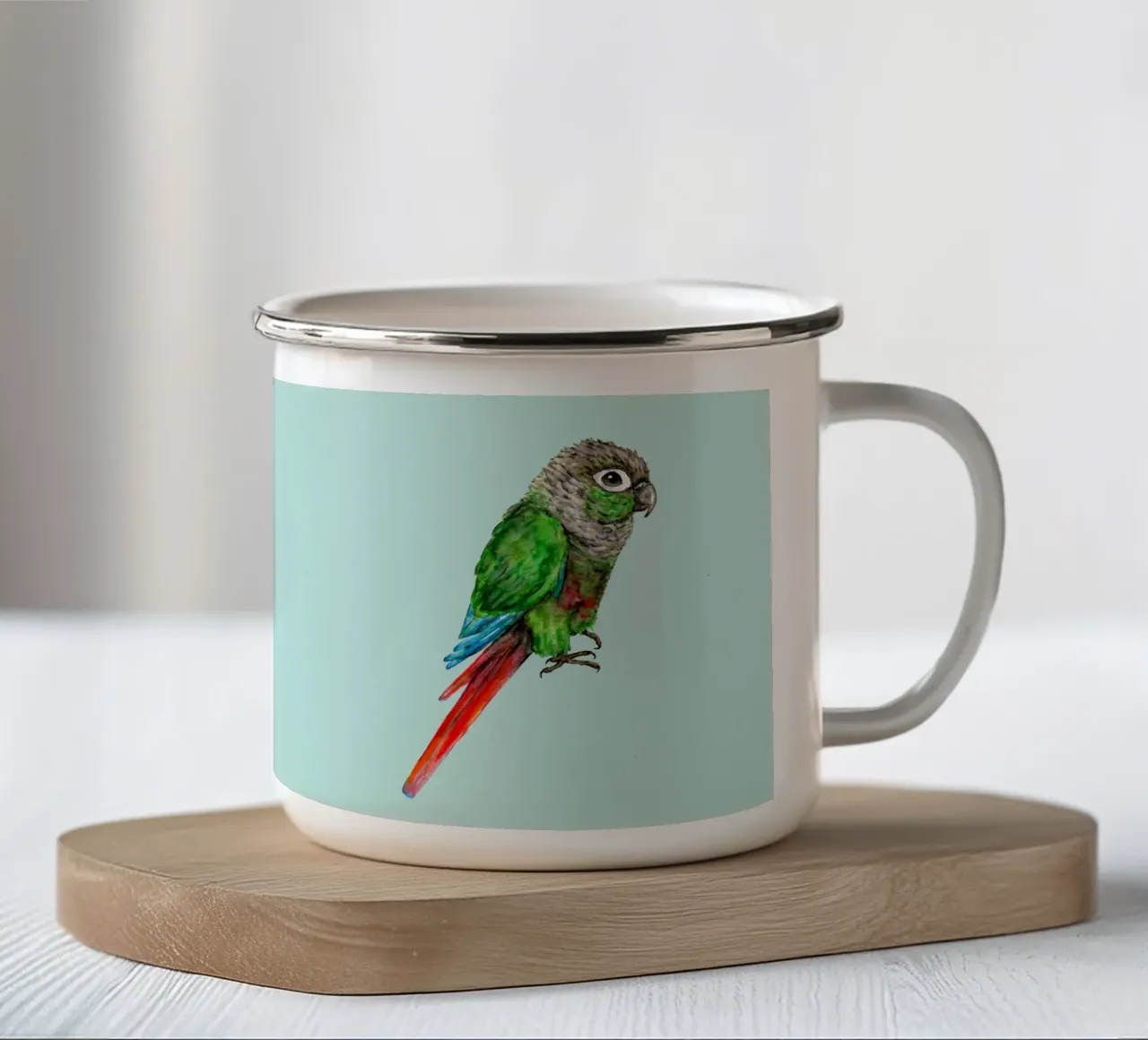 Un acquerello di un conuro dalle guance verdi tazza in smalto da Bwiser