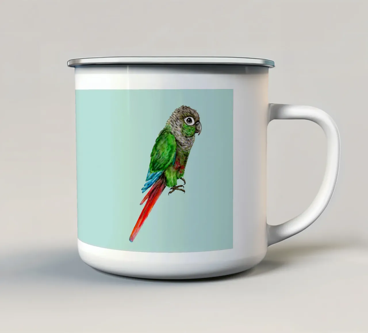 Un acquerello di un conuro dalle guance verdi tazza in smalto da Bwiser