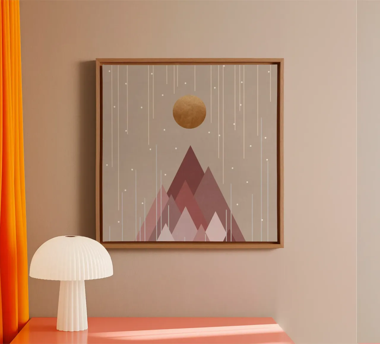 Zon & bergen koraalroze canvas met Baklijst van Orara Studio