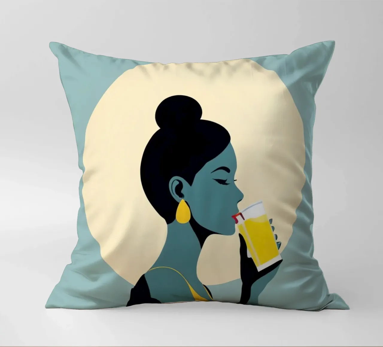 Sunlit Sip - Donna minimalista retro con limonata cuscino da Maison Solis
