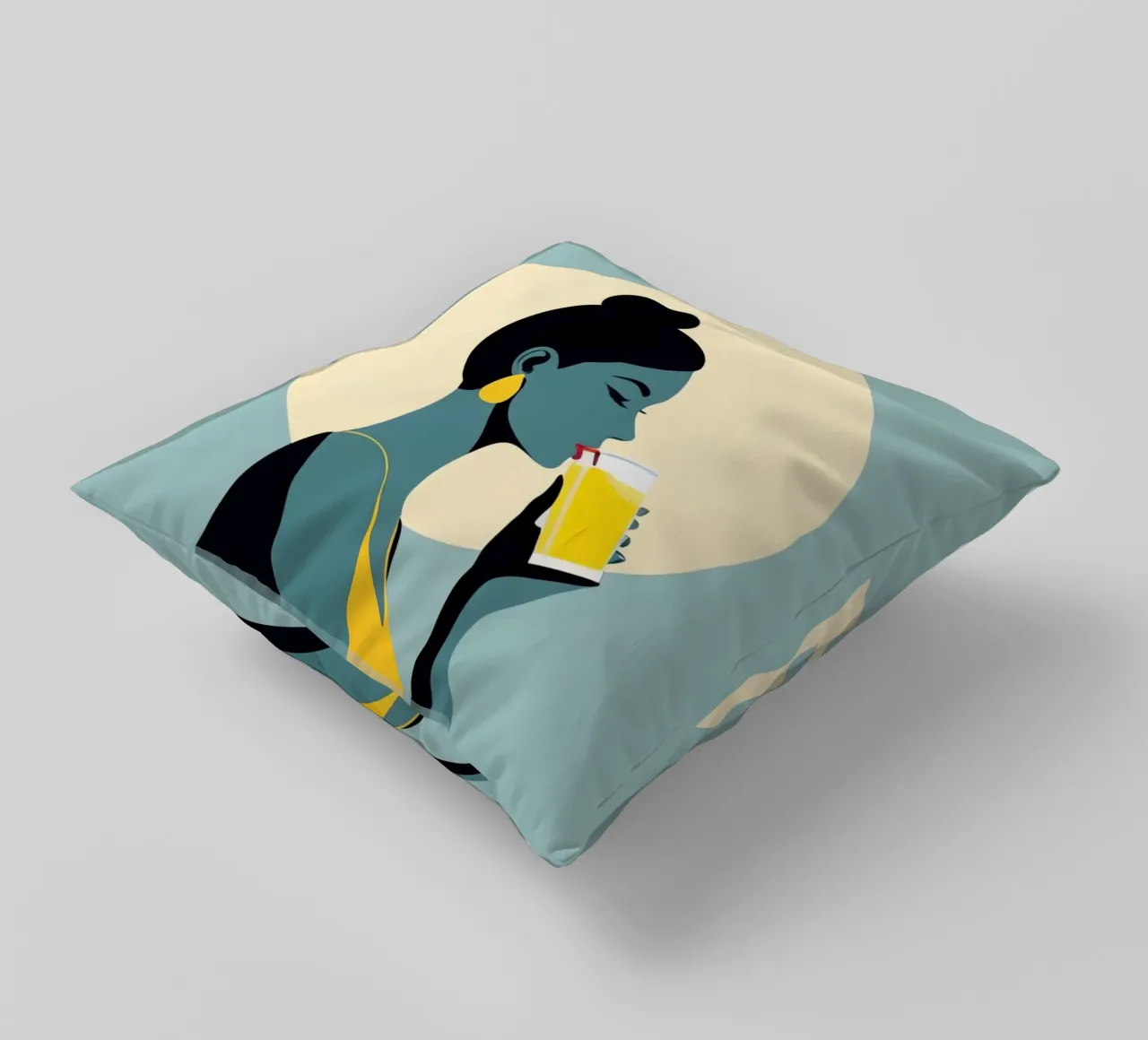 Sunlit Sip - Donna minimalista retro con limonata cuscino da Maison Solis