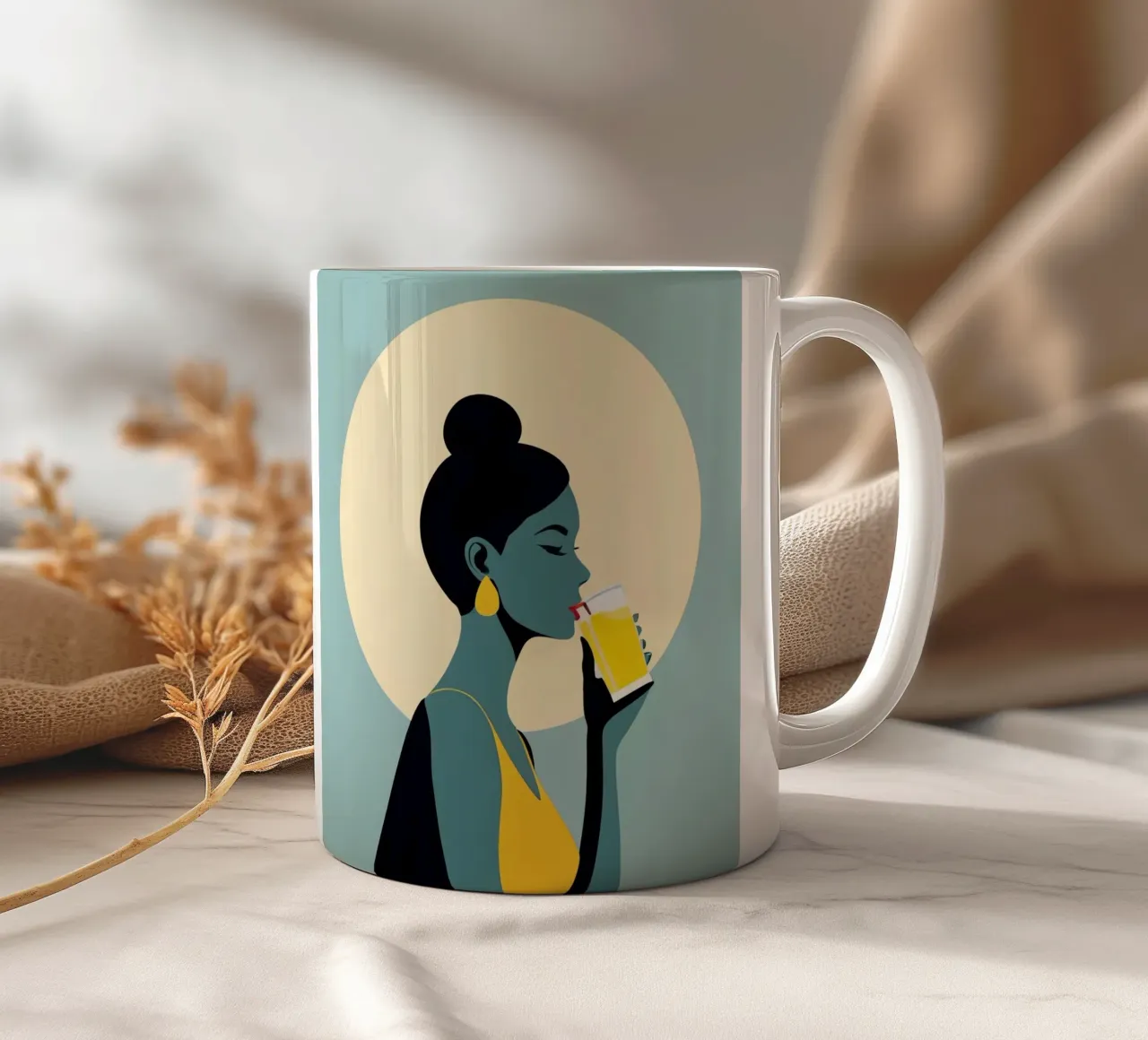 Sunlit Sip - Donna minimalista retro con limonata tazza in ceramica da Maison Solis