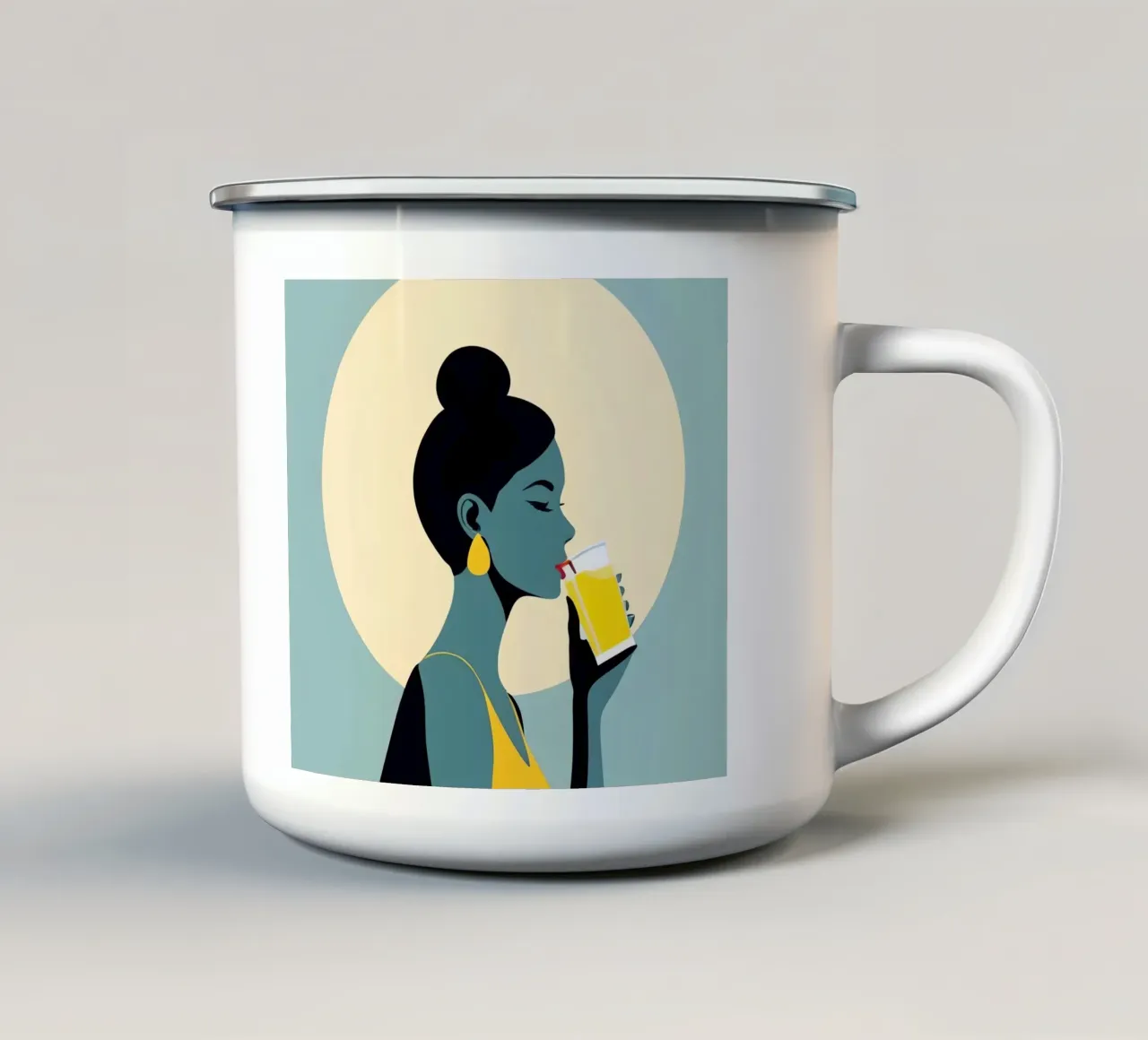 Sunlit Sip - Donna minimalista retro con limonata tazza in smalto da Maison Solis