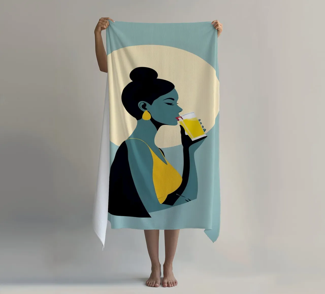 Sunlit Sip - Donna minimalista retro con limonata telo mare da Maison Solis