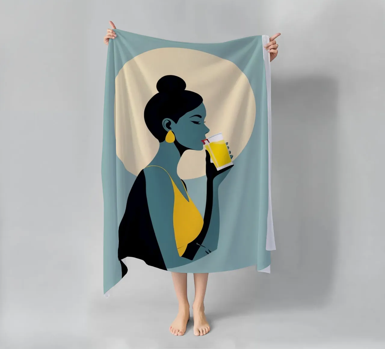 Sunlit Sip - Donna minimalista retro con limonata telo mare da Maison Solis