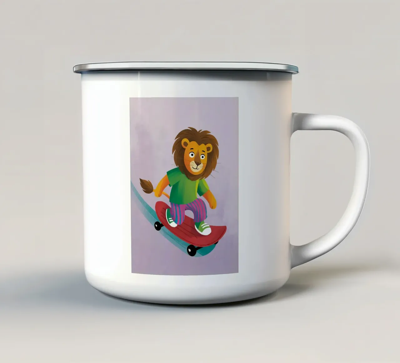 Leone rigolo in skateboard, stile colorato tazza in smalto da kidz&family