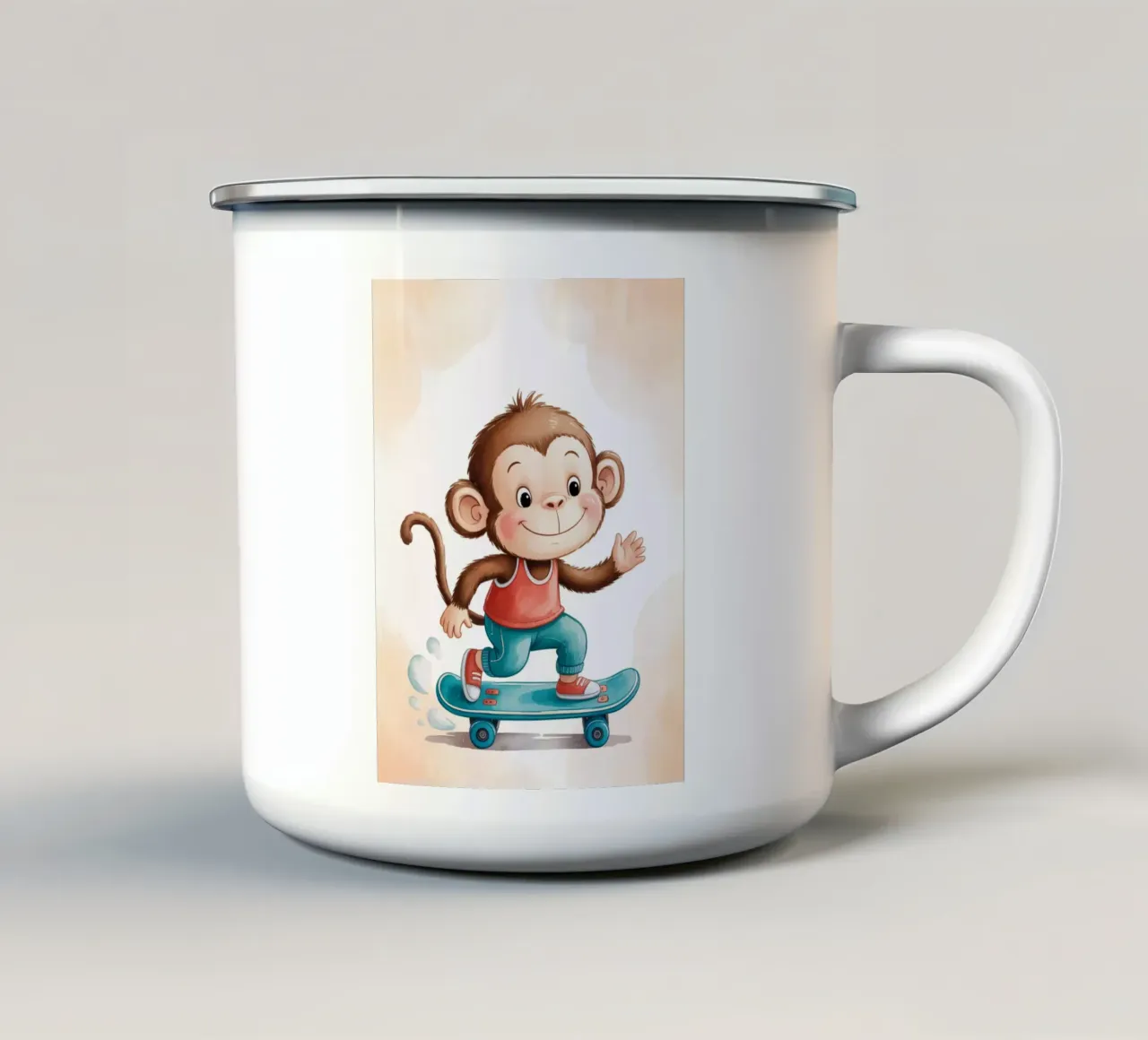 Scimmia felice su uno skateboard blu e rosso tazza in smalto da kidz&family