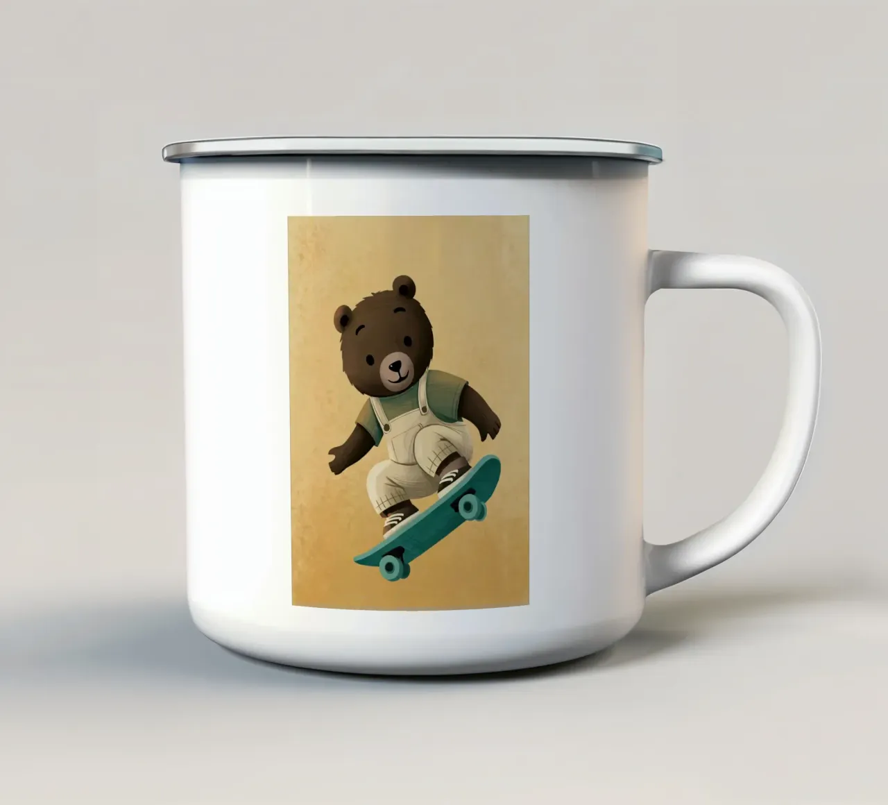 Simpatico orso in tuta da ginnastica su uno skateboard tazza in smalto da kidz&family