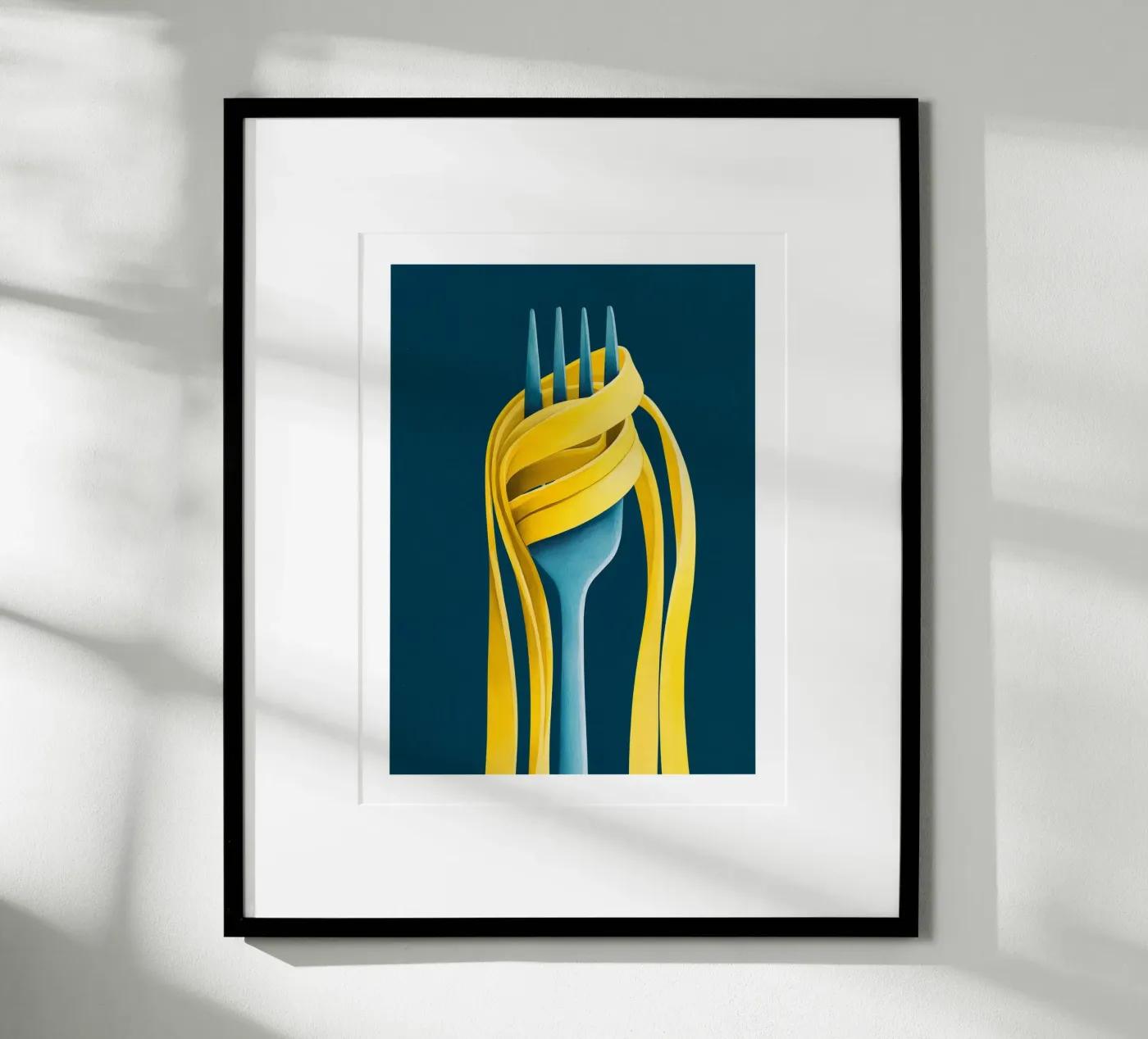 Gele pasta op blauwe vork poster van Spice & Spoon Studio