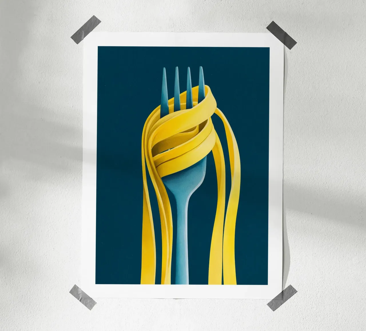 Yellow Pasta on Blue Fork poster by Spice & Spoon Studio