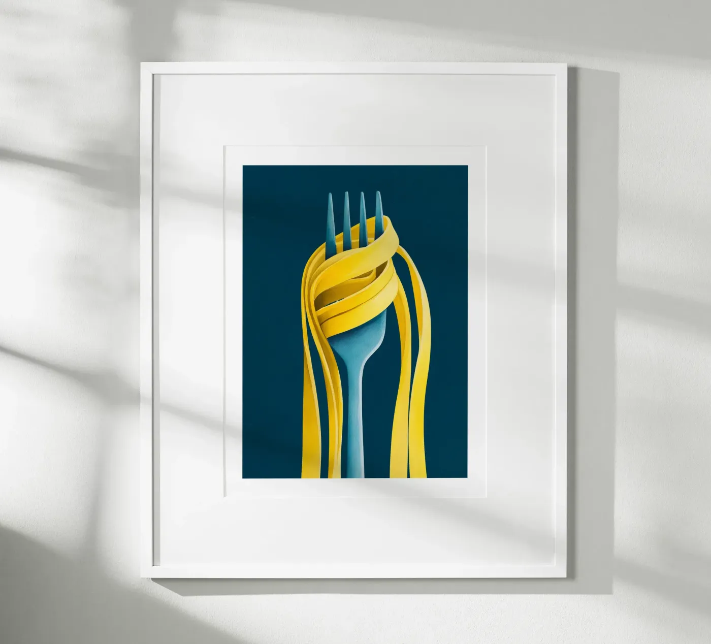 Gele pasta op blauwe vork poster van Spice & Spoon Studio